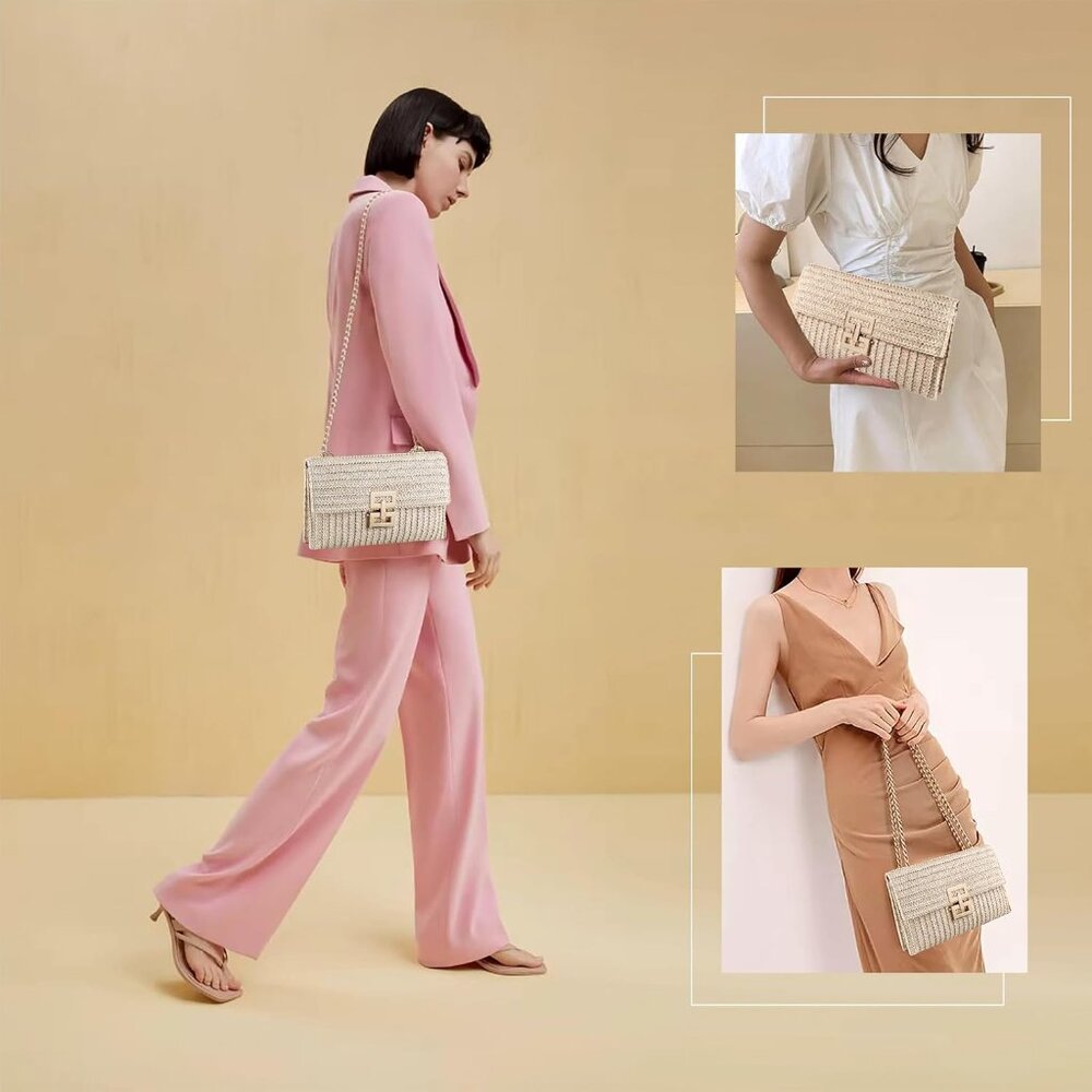 Straw Clutch Purse Crossbody Bag for Women Designer Evening Handbag Casual Summe - Picture 6 of 6